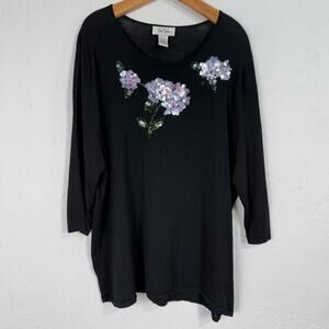 Bob‎ Mackie Floral Sequin 3/4 Sleeve Top Womens 2X Black Scoop Neck Wearable Art